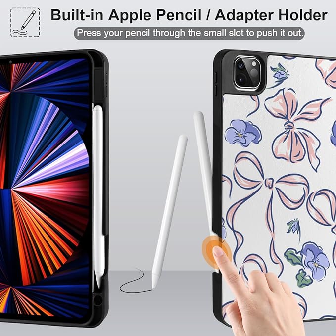 DONGKE Case for 2022/2021/2020/2018 iPad Pro 11 inch Gen 4/3/2/1 - Slim Protective Case - Built in Pencil Holder Support Charging - Trifold Stand &amp Sleep/Wake Cover- Pansies Flower