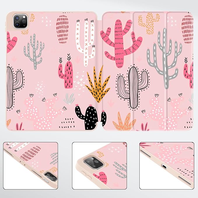 Mektron for iPad Pro M2 11-inch 4th/ 3rd/ 2nd/ 1st Gen Case 2022 2021 2020 2018 with Pencil Holder Tablet Cover with Soft TPU Back Cover for 11 inch iPad Pro Colorful Cacti