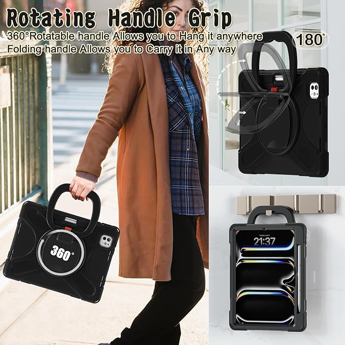 Batianda for New iPad Pro 11-inch Case 2025 M5 2024 M4 Chip Heavy Duty Rugged Durability Silicone Tablet Cover with 360° Rotating Ring Foldable Kickstand &amp Shoulder Strap Black