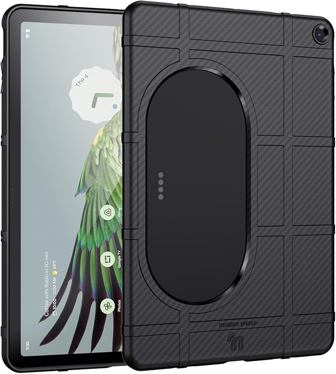 Case and Travel Cover for Google Pixel Tablet (2023) Nakedcellphone Special Ops Rugged Shield and Hard Shell View Stand Companion - Black Carbon Fiber Design