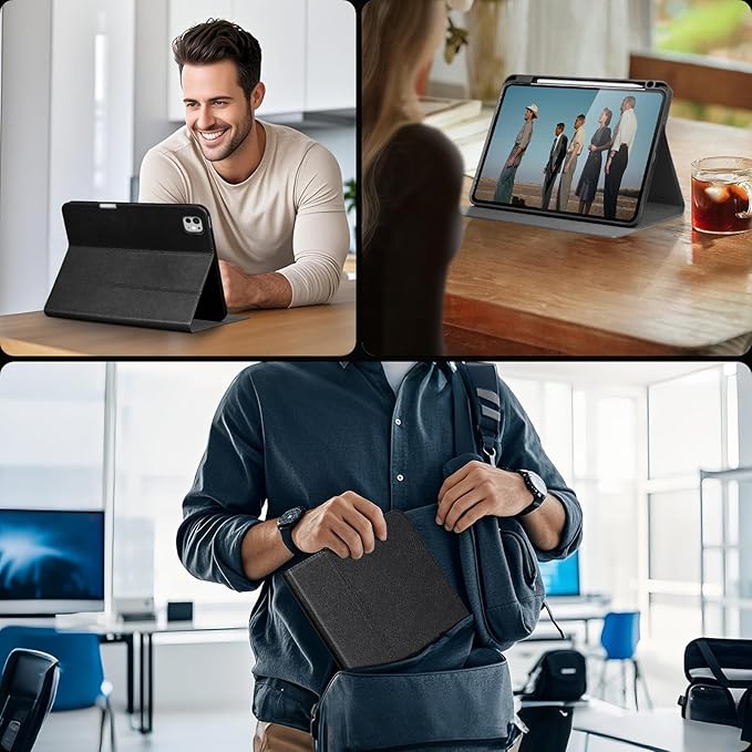 Gexmil Genuine Leather Case for iPad Pro 11 Inch (M5/M4) 2025/2024 with Pencil HolderProtective Shockproof Leather Smart Folio Cover Adjustable Stand Auto Sleep/Wake Anti-SlipCross-Hatched Black