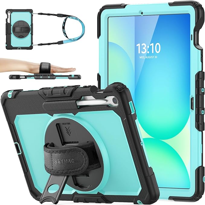 SEYMAC stock Case for Samsung Galaxy Tab S10 FE+ Plus 5G Tablet Case 13.1'' Protective with Screen Protector Pen Holder 360 Rotate Stand Hand Strap Shoulder Strap SkyBlue1