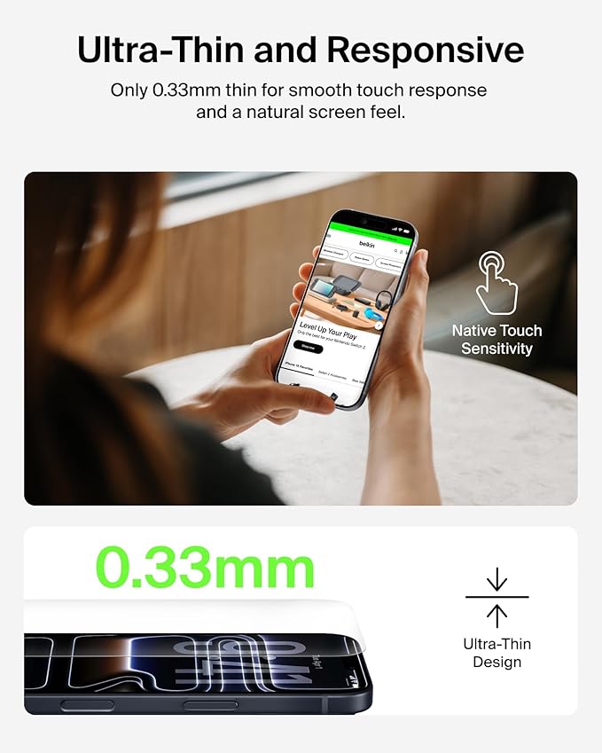Belkin ScreenForce TemperedGlass Screen Protector for iPhone 17 Pro Max Scratch-Resistant Impact Protection w/Included Easy Align Tray for Bubble Free Application Recycled Glass