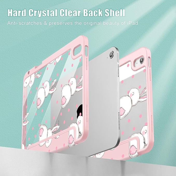 May Chen Case for iPad Air 13 Inch M4 2026 M3 2025 M2 2024 [Built-in Pencil Holder] Shockproof Cover with Clear Transparent Back Shell Auto Sleep/Wake Cover Cute Rabbit