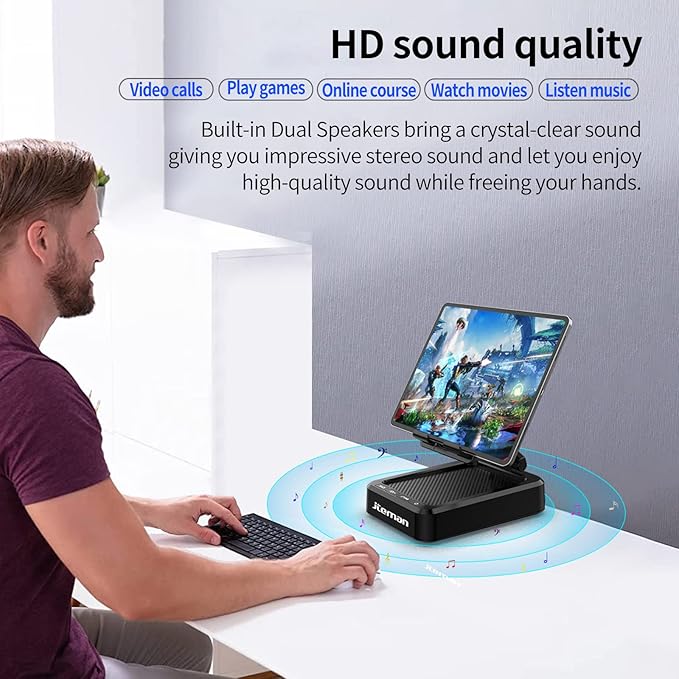 JTEMAN Tablet Stand Adjustable with Bluetooth SpeakersKitchen GadgetsGifts for Women MenWireless Bluetooth Speaker Tablet HolderDesk Mic Charging Sation Compatible with Phones and Tablet