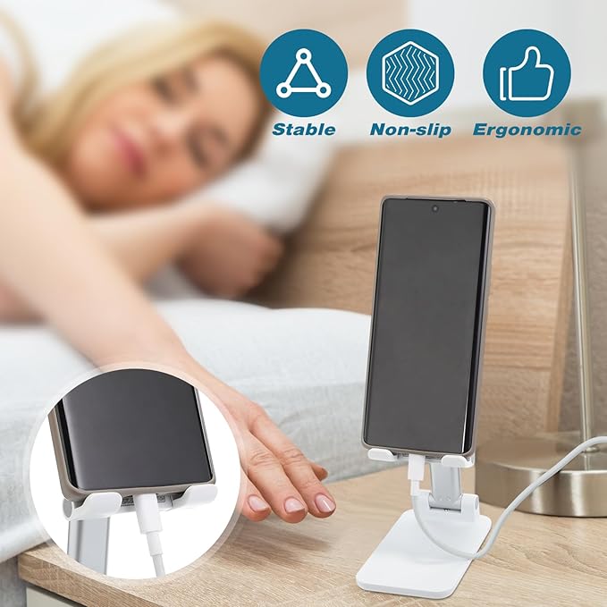 48 Pcs Cell Phone Stand Desk Table Adjustable Angle Height Phone Stand Foldable Portable Mobile Holder Silicone Pad Smartphone Tablet Holder Bulk for Office Travel Filming (White)
