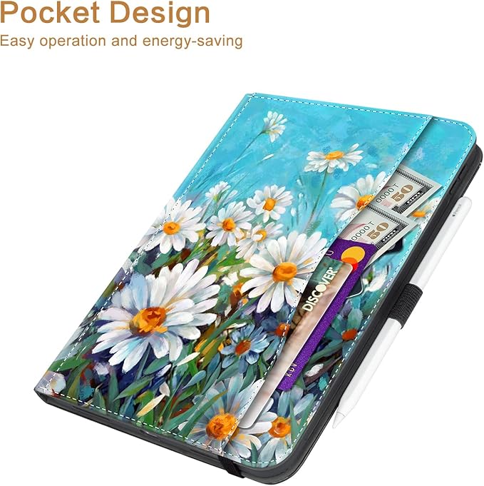 Vimorco Leather Case for iPad Pro 11 inch M5/M4 2025/2024 Pu Leather Protective Adjustable Stand Tablet Cover Hand Strap Card Pocket with Pencil HolderAuto Wake/SleepDaisy