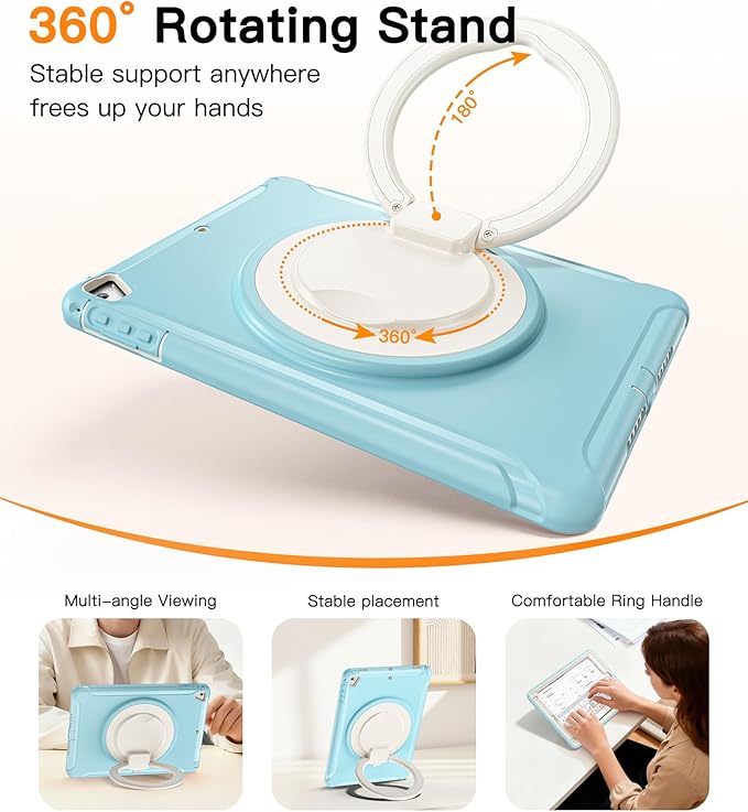 BATYUE Case for iPad 6th Generation 9.7 inch 2018 iPad 5th Gen 2017 iPad Air 2/ iPad Pro 9.7''Shockproof Protective Cover with Pencil Holder &ampRotating Kickstandfor KidsBoysGirls (Frozen Blue