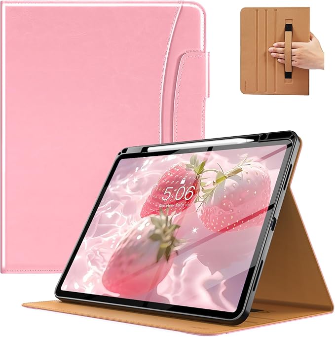 MoKo Case for iPad Air 13-inch (M4) 2026 / (M3) 2025 / (M2) 2024 with Pencil Holder &amp Hand Strap &amp Pocket Premium Leather Folio Stand Cover Multiple Viewing Angles Cinnamon Pink