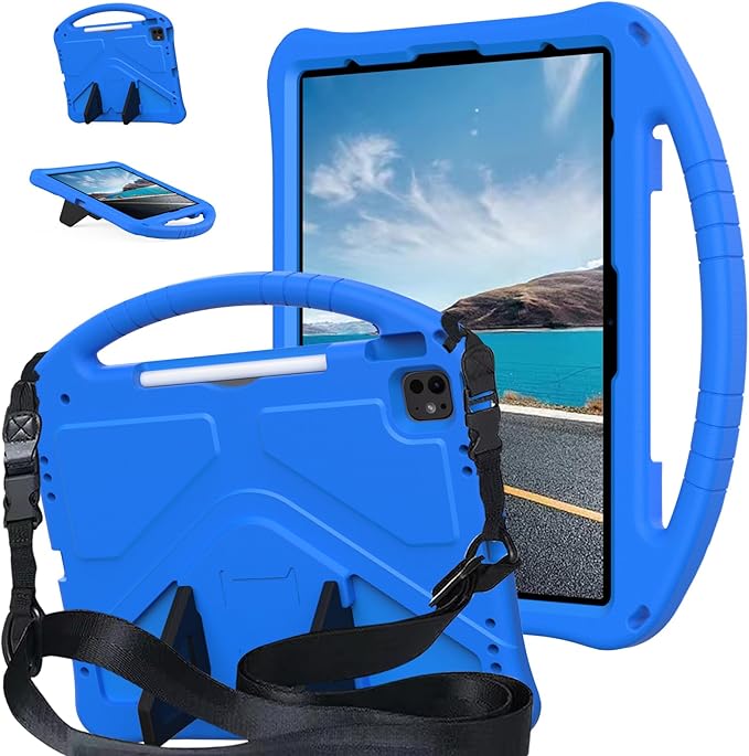 Case for iPad Air 13 inch (M2/M3) 2024/2025 for iPad Pro 13 inch (M4) 2024/12.9 inch (M2) 2022 EVA Shockproof Cover with Strap Handle Stand Blue