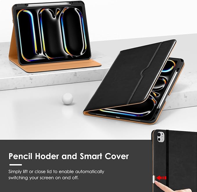 VIKESI Case for iPad Pro 13-inch M5 or M4 Released in 2025 or 2024 Leather Stand Cover with Apple Pencil Holder Auto Wake/Sleep Multiple Viewing Angles Built in Hand Strap &amp PocketBlack