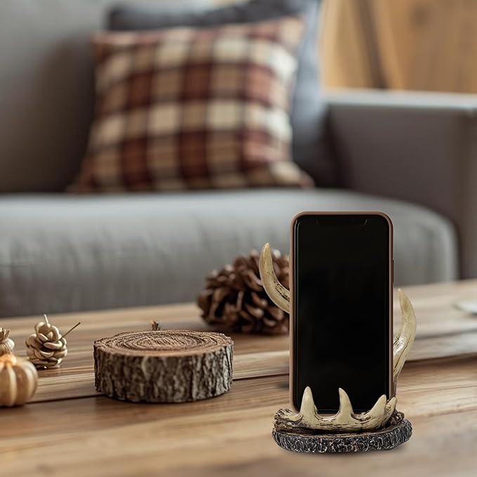 Faux Antler Cell Phone Stand – Deer Antler Resin Holder for Smartphones – Rustic Phone Stand for Bedside Office or Kitchen Counter–Lodge Cabin Rustic Décor Unique Gift for Hunters &amp Nature Lo