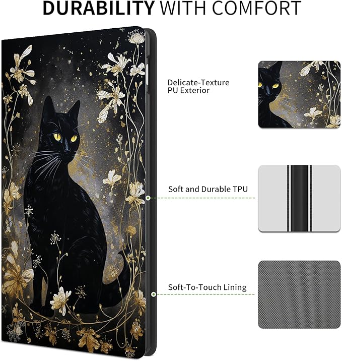 FUYOCWE for Fire HD 10 Tablet Case (13th Generation2023 Release10.1) PU Leather Multi-Angle Folding Stand Smart Flip Cover for Amazon Kindle Fire HD 10 13th Gen-Black Cat with Gold Floral