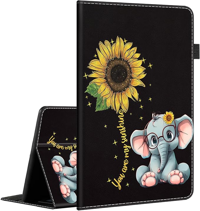 Case Fits Amazon Kindle Fire HD 8 &amp 8 Plus Tablet (12th Generation/10th Generation 2022/2020 Release) 8 Multi-Angle Smart Stand Cover Auto Sleep/WakeCute Elephant and Sunflower