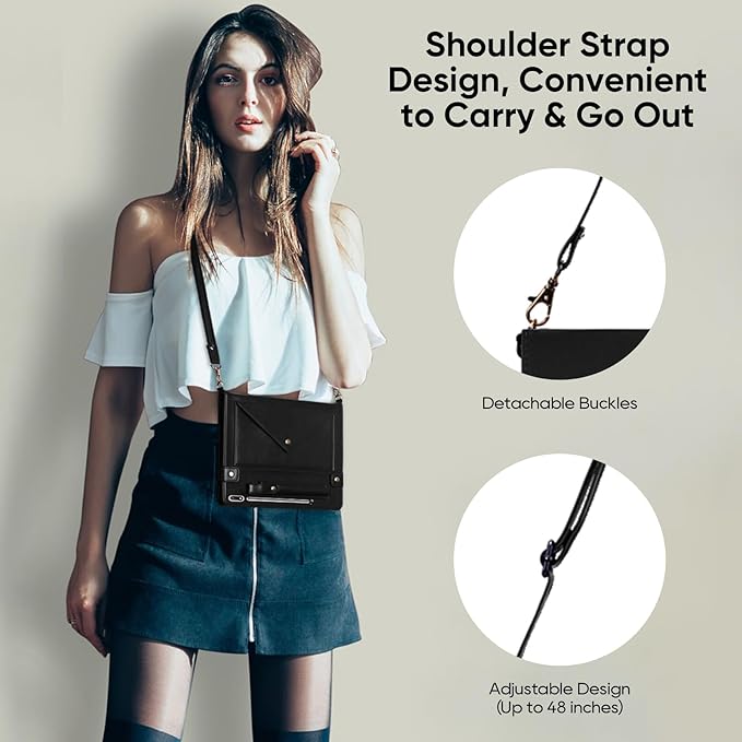 Tablet Carrying Shoulder Bag Case for Samsung Galaxy Tab S9 FE/S9/S8/S7 11 Retro PU Leather Hand Strap Crossbody Shoulder Strap Cards Holder Pocket S Pen Holder Stand Protective CaseBlack