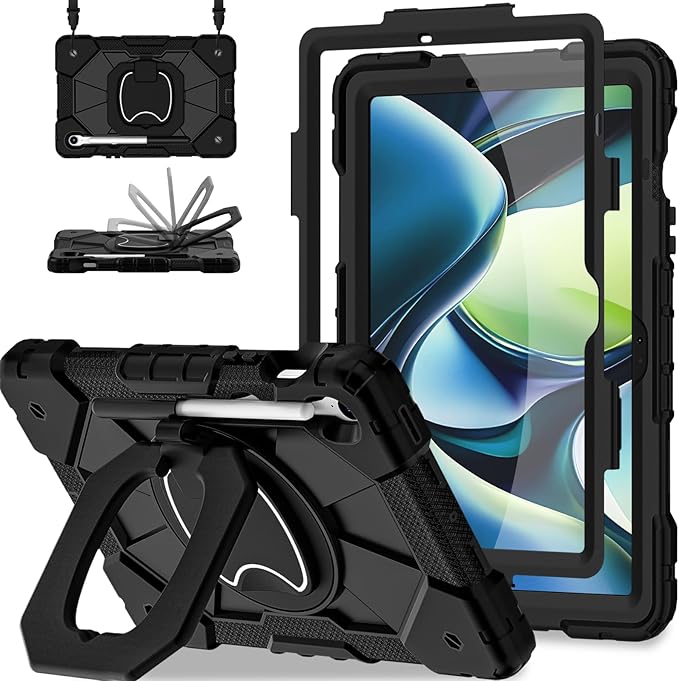 Case for Samsung Galaxy Tab S10 Lite / S10 FE / S9 FE 10.9 Inch &amp Galaxy Tab S9 11 Inch Rugged Samsung S10 Tablet Case with Pen Holder 360 Rotating Stand Shoulder Strap Screen Protector Black