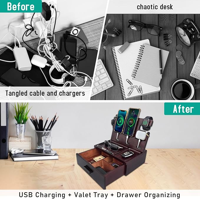 Wood Phone Docking Station with Drawer 4 USB Nightstand Organizer Charging Station with QC 3.0 &amp PD USB C Fast Charger for iPhone Android Mens Jewelry Box Anniversary Birthday Gifts for Men