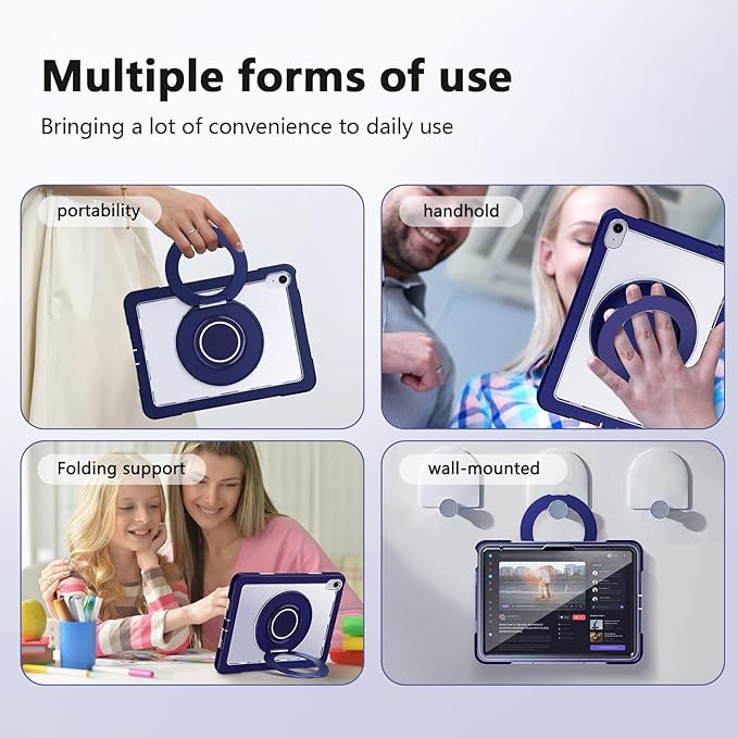 Case for iPad (A16) 11th /10th Generation 11 Inch 2025/10.9 inch 2022with Screen Protector360 Rotating Metal StandClear BackHeavy Duty Shockproof for Kids Case Navy Blue