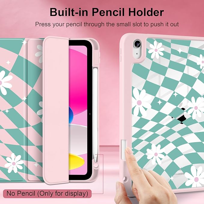 DONGKE Case for iPad (A16) 11th Generation 11 inch 2025 &amp iPad 10th Gen 10.9 inch 2022 [Built-in Pencil Holder] Clear Acrylic Back Trifold Stand Smart Cover Auto Sleep/Wake Checkered &amp Dais