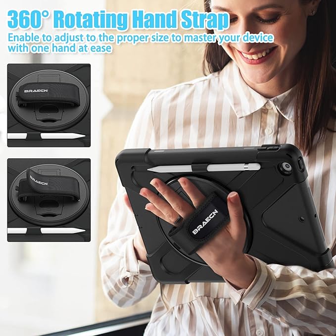 BRAECNstock Case for Apple iPad 9th/ 8th/ 7th Generation 10.2 2021/2020/2019 Shockproof Protective iPad 10.2 inch Case Kids with Screen Protector Pencil Holder Rotating Hand Strap &amp Stand Bla