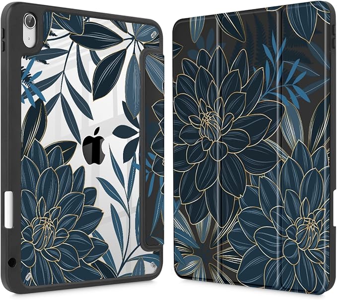 Tuiklol Case for iPad 11 inch (A16 Chip) 2025 Generation 11th / iPad 10.9 inch 2022 10th Gen Buit in Pencil Holder with Shockproof Cover Clear Transparent Back Shell Auto Wake/Sleep Black Flower
