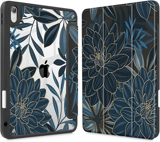 Tuiklol Case for iPad 11 inch (A16 Chip) 2025 Generation 11th / iPad 10.9 inch 2022 10th Gen Buit in Pencil Holder with Shockproof Cover Clear Transparent Back Shell Auto Wake/Sleep Black Flower
