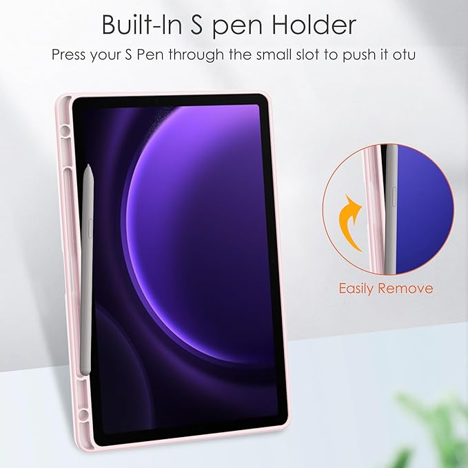 for Samsung Galaxy Tab S10 Lite/ S10 FE/ S9 FE 10.9 Inch Tri-Fold Smart Tablet Case with Pen Holder Shockproof Protective Cover W Transparent Back Shell Auto Wake/SleepPink