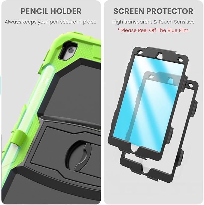 HXCASEAC Kids Case for iPad 9th/8th/7th Generation Full Body Protective Design | Foldable Stand | Screen Protector | Pencil Holder Durable for iPad 9th Gen / 8th Gen 10.2 inch Dark Green