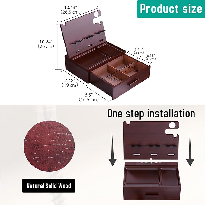 Wood Phone Docking Station with Drawer 4 USB Nightstand Organizer Charging Station with QC 3.0 &amp PD USB C Fast Charger for iPhone Android Mens Jewelry Box Anniversary Birthday Gifts for Men