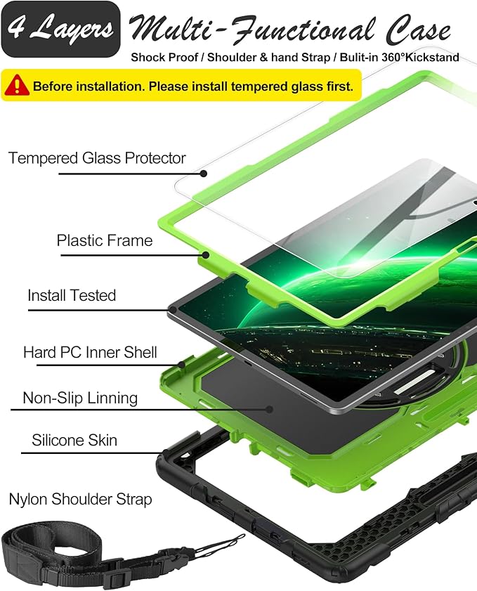 Case for Samsung Galaxy Tab S10 FE Plus 5G Tablet 13.1'' Shockproof Protective Cover with Tempered Glass Screen Protector Rotatable Kickstand S Pen Holder Hand/Shoulder Strap Green