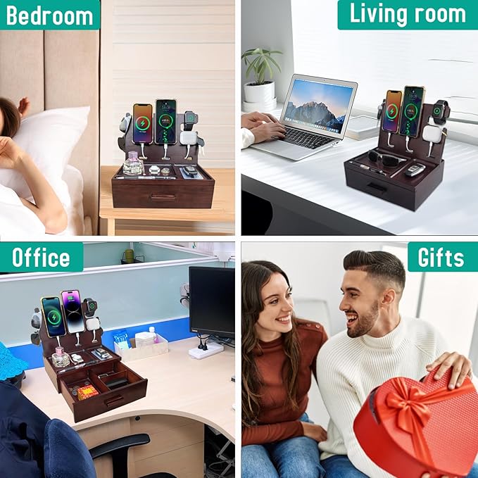 Wood Phone Docking Station with Drawer 4 USB Nightstand Organizer Charging Station with QC 3.0 &amp PD USB C Fast Charger for iPhone Android Mens Jewelry Box Anniversary Birthday Gifts for Men
