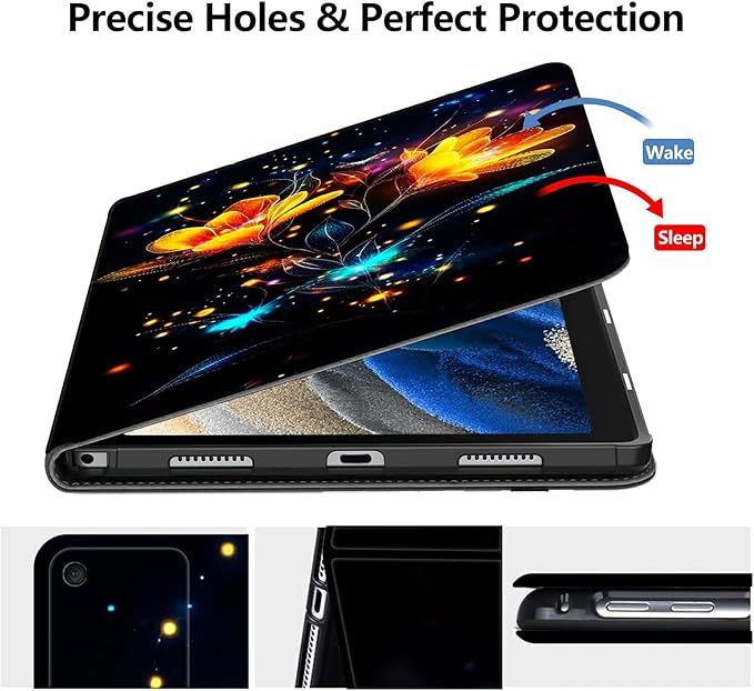 Case for Amazon Fire HD 8 Tablet (8th/7th/6th Generation 2018/2017/2016 Release) PU Leather Smart Protective Cover with Auto Sleep/Wake for Fire HD 8 2018/2017/2016Flowers with Glowing Fireflies