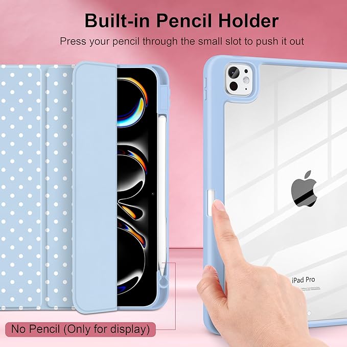 Case for iPad Pro 11 Inch (M5 2025 M4 2024) – [Built-in Pencil Holder] Shockproof &amp Stylish Clear Hard Back + Soft TPU Edge Magnetic Trifold Stand Auto Wake/Sleep Blue White dot