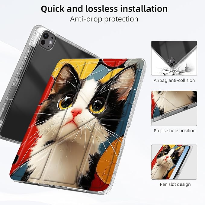 for iPad Pro 11 2024 Case with Pencil Holder Foldable Y-Shaped Protective Cover Stylish Clear Multi-Angle Viewing &amp Auto Sleep/Wake Black White Cat Vibrant Tablet Case