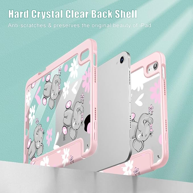 May Chen Slim Case for iPad mini 7 (A17 Pro 7th Generation) 2024 / iPad mini 6 (6th Gen) 8.3 Inch [Built-in Pencil Holder] Shockproof Cover Clear Clear Back Shell Auto Wake/Sleep Cute Elephant