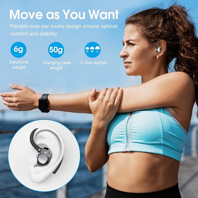 Wireless Earbuds 2023 New Ultralight Sport Bluetooth 5.3 Headphones In Ear with LED Display Built-in Mic Earphones IPX7 Waterproof Wireless Headphones with Earhooks for Gym Workout (Black)