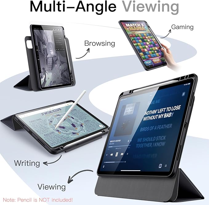 JETech Magnetic Detachable Case for iPad Pro 13-Inch M5/M4 (2025/2024) with Pencil Holder Removable Rotating Clear Cover Portrait/Landscape Stand with Raised Screen View (Grey)
