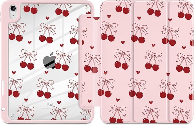 DONGKE Case for iPad (A16) 11th Generation 11 inch 2025 &amp iPad 10th Gen 10.9 inch 2022 [Built-in Pencil Holder] Clear Acrylic Back Trifold Stand Smart Cover Auto Sleep/Wake Cherry &amp Heart