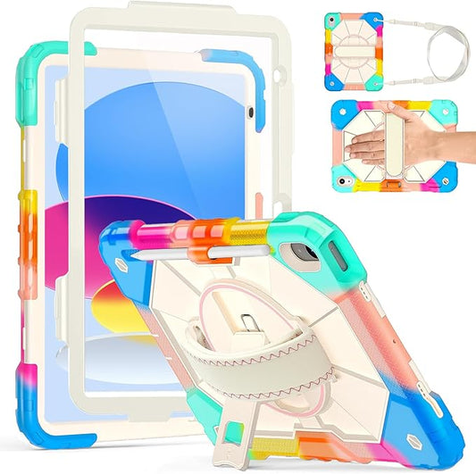 Weuiean Case for iPad A16 11th/10th Generation 11/10.9 Military-Grade Heavy-Duty Shockproof Cover with 360° Rotating Stand Built-in Pencil Holder &amp Adjustable Hand/Shoulder Strap - Colorful Bl