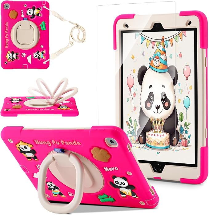 Case for iPad 9th/8th/7th GenerationCute 3D Cool Panda Warrior Design Cover with Screen Protector Rugged Protective Cartoon Case with Stand/Strap/Pen Slot for iPad 10.2 Kids Teens (Rose+White)