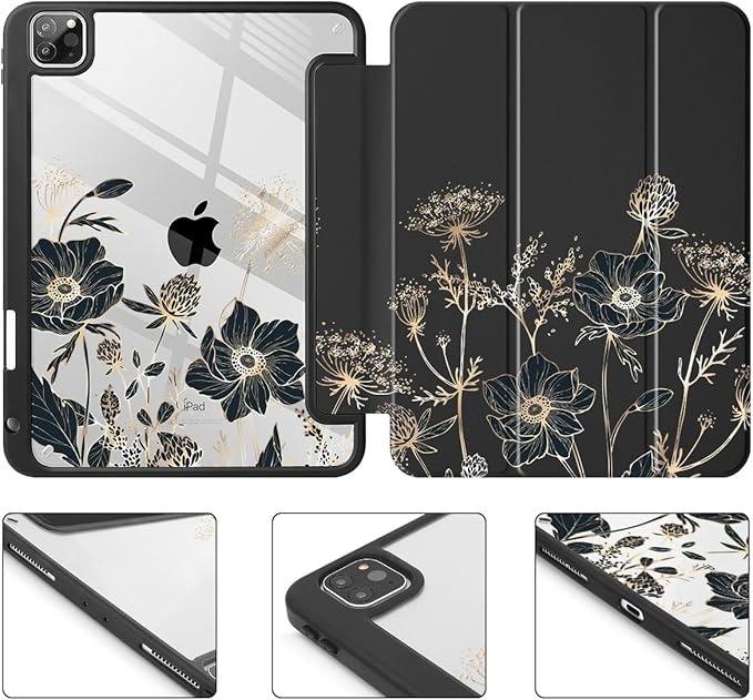 May Chen for iPad Pro 11 inch M2 4th Generation 2022 iPad Pro 11 3rd/2nd/1st Gen Case with Transparent Shockproof Back Cover [Built-in Pencil Holder Auto Sleep/Wake Abstract Floral