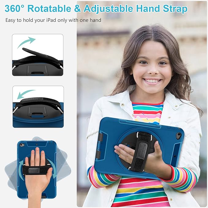 Case for iPad mini 5/4 7.9 INCH: TPU Cover for iPad mini 5th/4th Generation 7.9 Inch 2019/2015 with- Screen Protector- Stand- Handle- Shoulder Strap- Pencil Holder- Blue