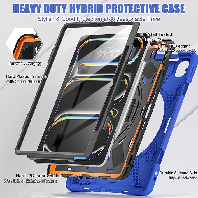 TSQQST Case for iPad Pro 13 Inch M5 2025 / M4 2024 with Screen Protector Heavy Duty Rugged Protective Case with Pencil Holder+Stand+Hand Strap Drop Proof Cover for iPad Pro 13 Blue