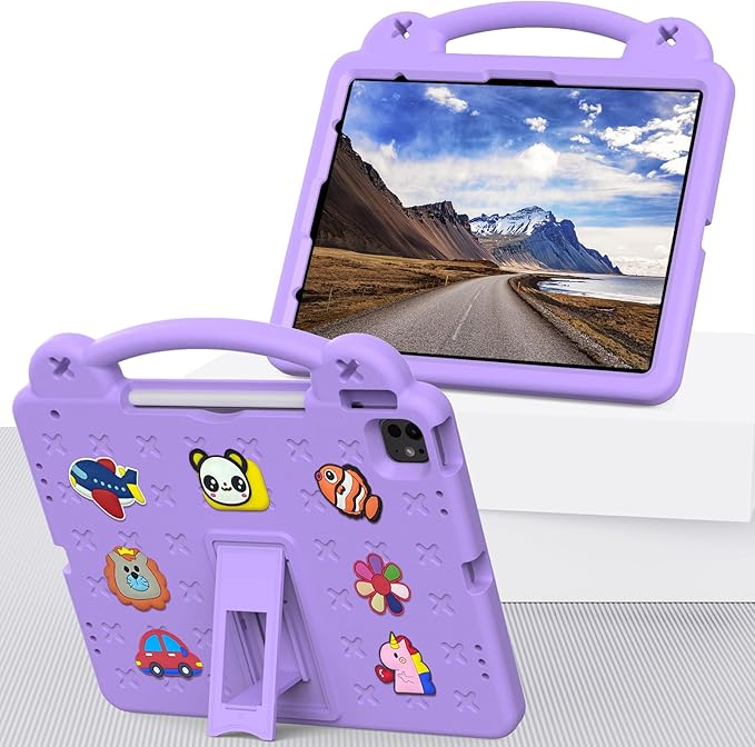 Kids Case for iPad Air 13 inch M3 2025/M2 2024iPad Pro 13 inch M4 2024 &amp iPad Pro 12.9 inch Case 6th/5th/4th/3rd Gen 2022 2021 2020 2018 with Stand/Pencil Holder/Handle Light Purple Bear