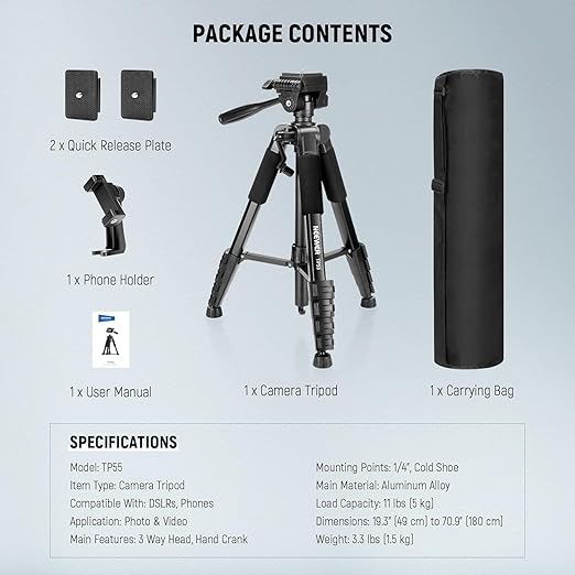 NEEWER BASICS Camera Tripod 71'' Tripod with Cell Phone Holder Mount Compatible with iPhone for Video Recording Professional Aluminum Lightweight Portable Travel Stand with 3 Way Pan Tilt Head TP55