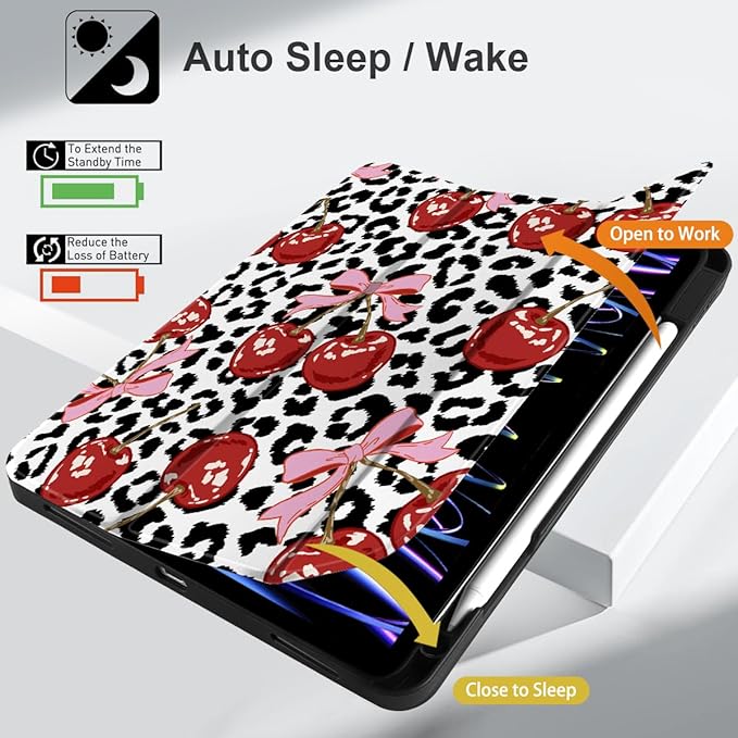 MEEgoodo for iPad Pro 12.9 Case M2 6th/5th/4th/3rd Generation 2022 2021 2020 2018 with Pencil Holder Tablet Cover with Soft TPU Back Shell Leopard &amp Cherry