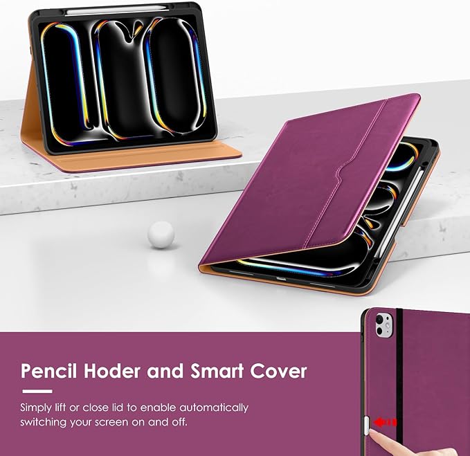 VIKESI Case for iPad Pro 13-inch M5 or M4 Released in 2025 or 2024 Leather Stand Cover with Apple Pencil Holder Auto Wake/Sleep Multiple Viewing Angles Built in Hand Strap &amp PocketPurple