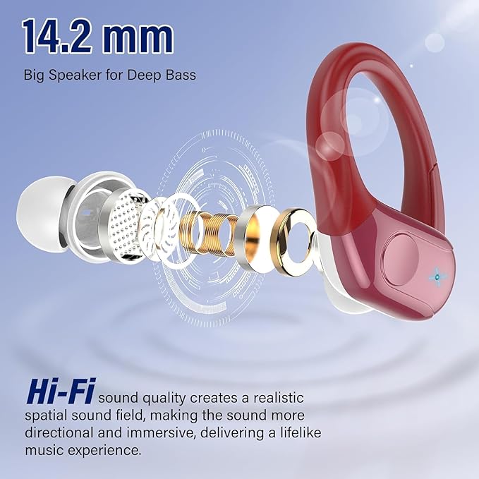 Wireless Earbuds Bluetooth 5.4 Headphones 75H Stereo Deep Bass Sports Over Ear Buds with Earhooks LED Display Bluetooth Earbuds with 4 ENC Mic IP7 Waterproof Earphone for Running Red
