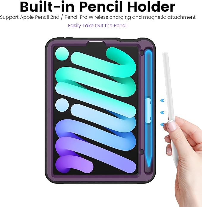 Case for iPad mini 7 (A17 Pro) 2024/ Mini 6 2021 8.3 Inch: Shockproof Rugged Protective Cover with Pencil Holder Auto Wake/Sleep Magnetic Multi-Angles Stand Card Slot Purple