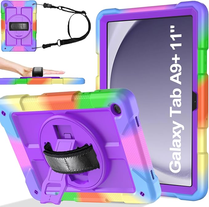 BMOUO for Samsung Galaxy Tab A9+/A9 Plus Case 11 2023 (SM-X210/X216/X218) Shockproof Galaxy Tab A9 Plus Case with Rotating Stand and Hand/Shoulder Strap Purple